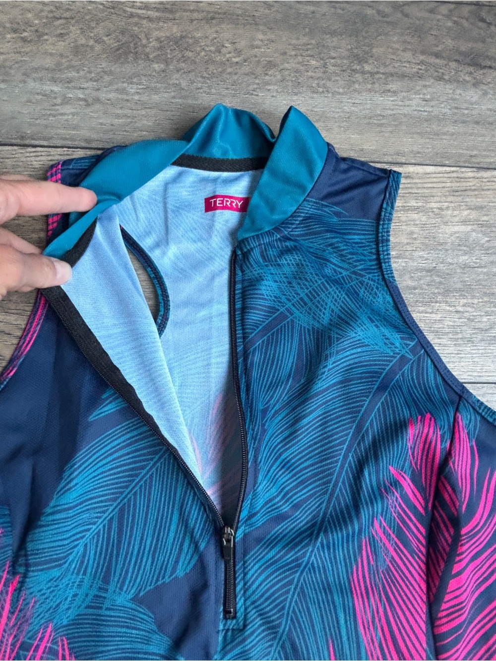 Terry Cycling Mesh Sleeveless Bike Jersey Tank Top Pink Blue Feathers Pockets L - Picture 3 of 12